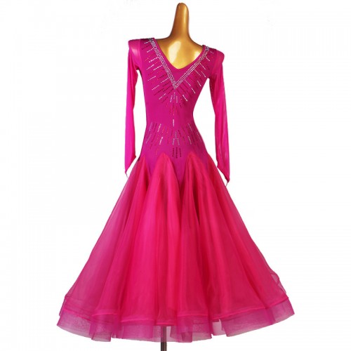 Hot Pink Fuchsia Ballroom dancing dresses for women girls rhinestones stage performance foxtort smooth tango waltz dance long dresses for female